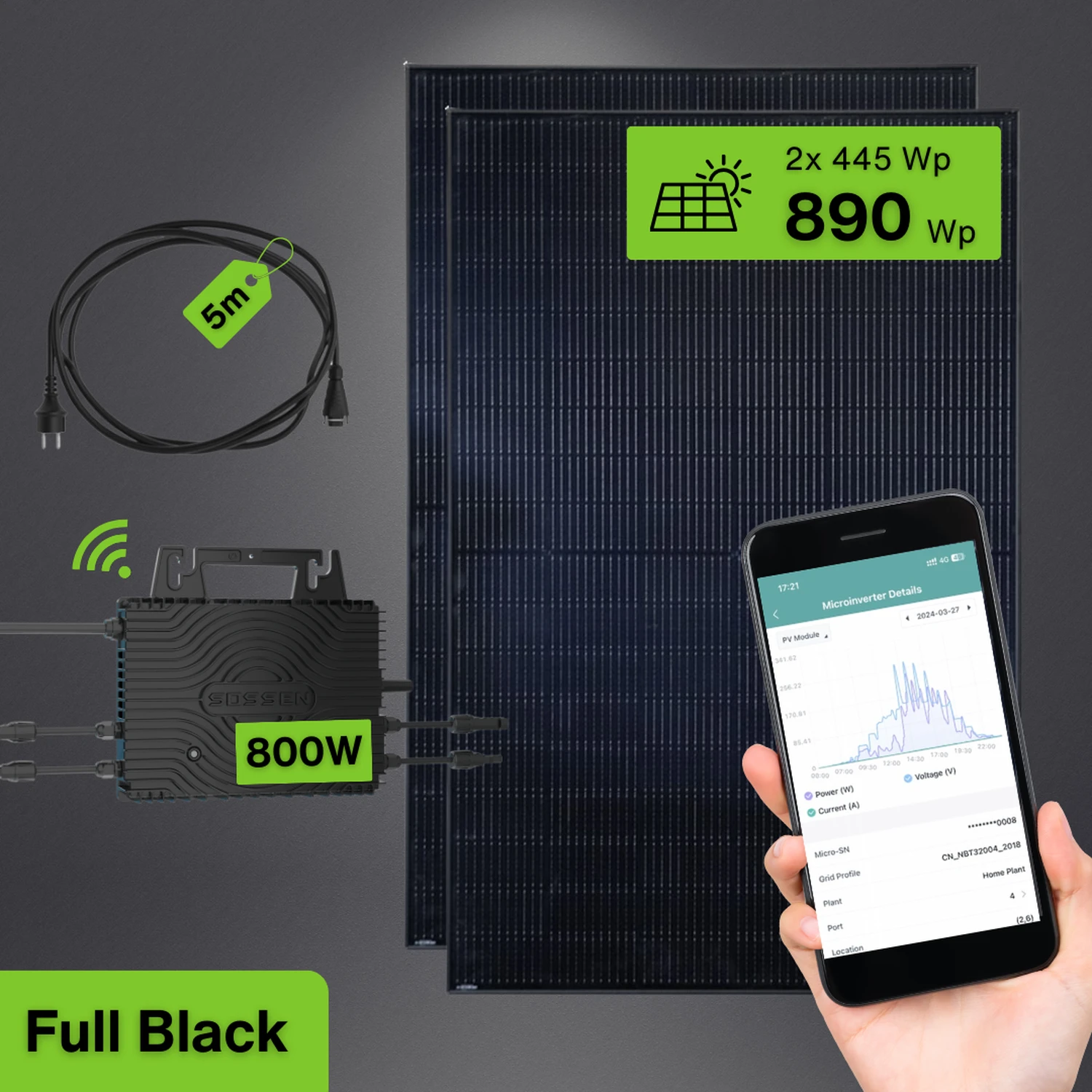 Balkonkraftwerk Full Black 890/800W Komplettset | BKW-BLACK